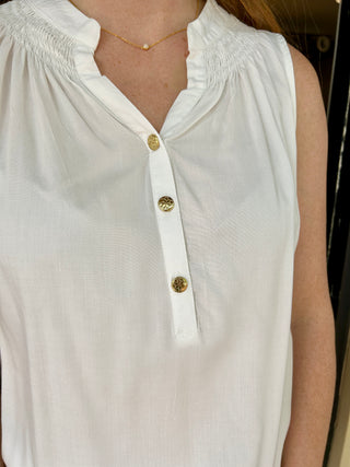 White Sleeveless Blouse Smocked Neck Gold Button Detail 