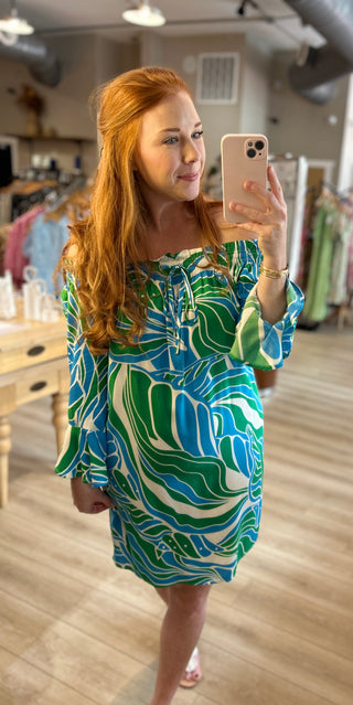 Green Blue and White Printed Dress