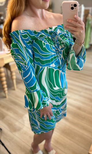 Green Blue and White Printed Midi Dress with Bell Sleeves