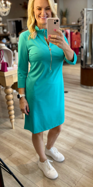 Brittany Teal Front Zip Shift Dress