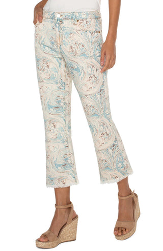 LIVERPOOL Ecru Teal Print Hannah Cropped Flare with Fray Hem