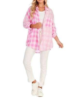 Pink Checked Cotton Gauze Button Down Top