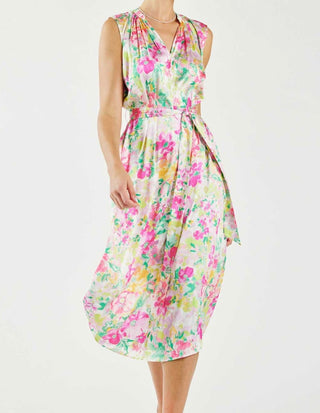 Pastel Floral Satin Sleeveless Maxi Dress with Tie Waist