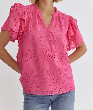 Pink Eyelet Short-Sleeved Blouse Front View
