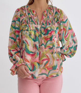 Pink & Green Abstract Pattern Long Sleeve Blouse Front View