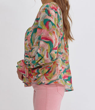 Pink & Green Abstract Pattern Long Sleeve Blouse Side View