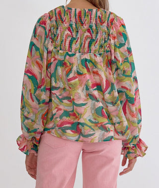 Pink & Green Abstract Pattern Long Sleeve Blouse Back View