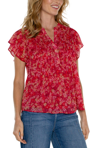LIVERPOOL Floral Double Flutter Sleeve Blouse with Pintucks