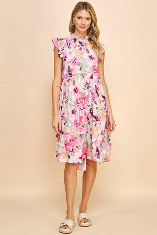 Pink Multi Floral Tiered Dress with Ruffle Neck and Flutter Sleeves