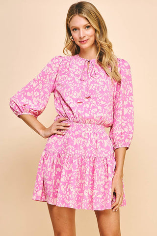 Pink and Cream Printed Midi Dress with Cinched Waist