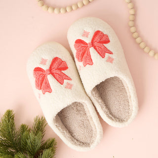 Fuzzy Holiday Slippers - Pink and Red Bow