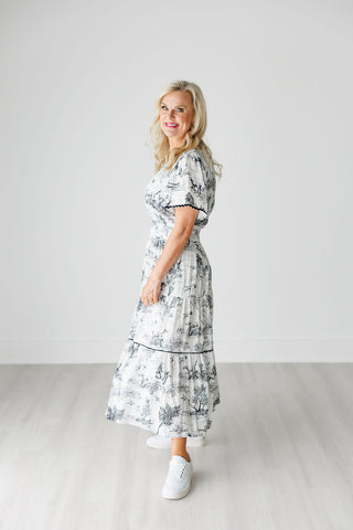 Black and White Toile Tiered Maxi Dress