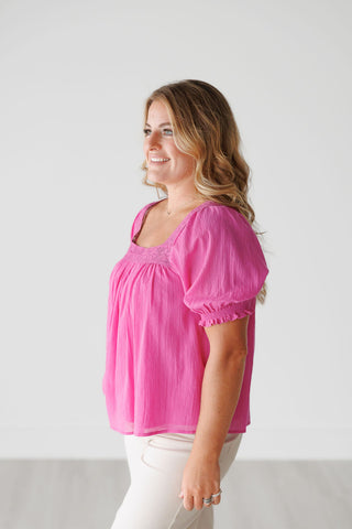 Fuschia Pink Lace Trim Square Neck Puff Sleeve Blouse