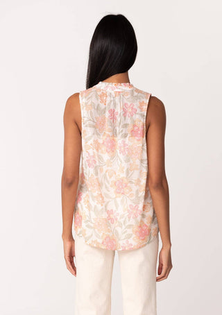 Ivory Peach Sheer Floral Button Front Ruffle Neck Tank Top