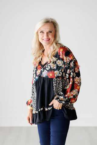 Black Ruffle V-Neck Mixed Print Baby Doll Top