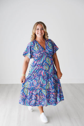 Blue Paisley Tiered Midi Dress with Plunge Neckline