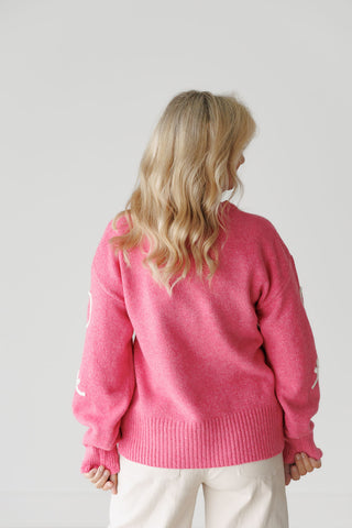 Pink Sweater with Ecru Bow Adorned Detail