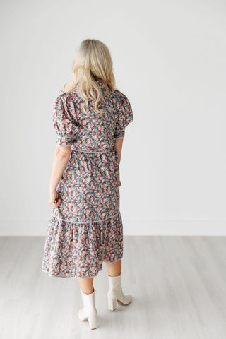 Brown Floral Print Midi Dress