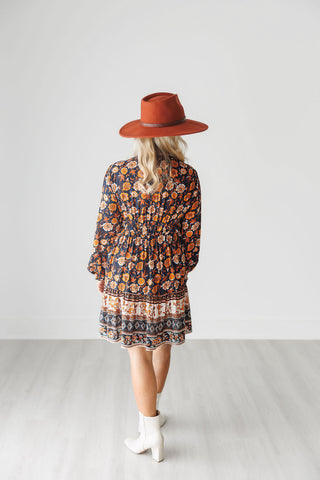 Autumn Fall Colors V-Neck Floral Dress