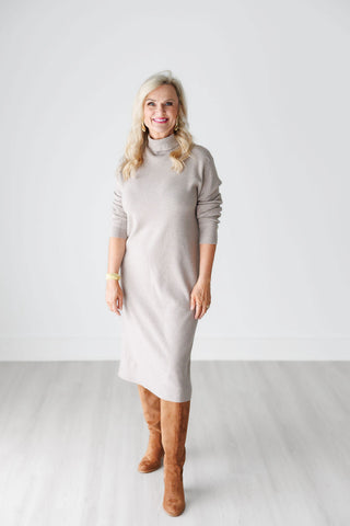 Khaki Taupe Casual Turtle Neck Sweater Dress - Harlynn & Gray