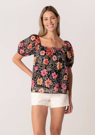 Black Floral Square Neck Puff Sleeve Blouse