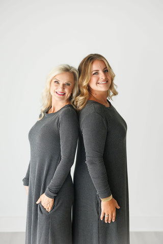 Stretch Ribbed Long Sleeve Comfy Dress with Pockets - Harlynn & Gray