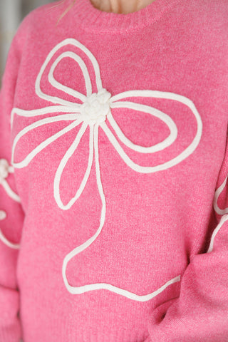 Pink Sweater with Ecru Bow Adorned Detail