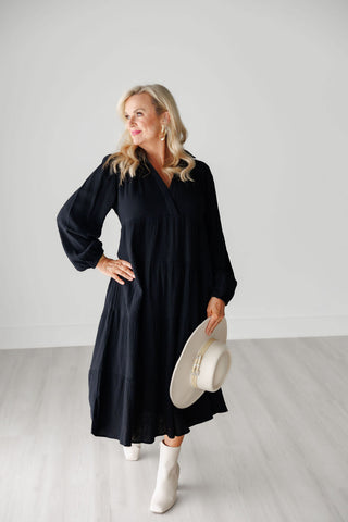 Black Gauze Long Sleeve V-Neck Tiered Maxi Dress - Harlynn & Gray