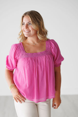 Fuschia Pink Lace Trim Square Neck Puff Sleeve Blouse