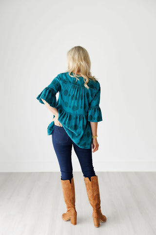 Teal Green Polka Dot Jacquard Baby Doll Top