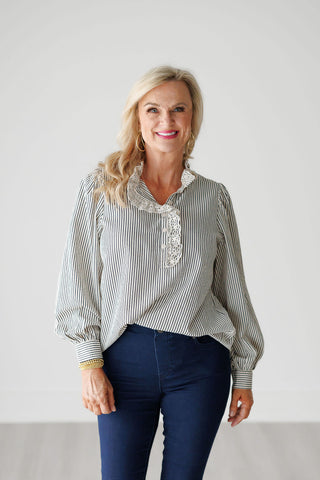 Striped High-Neck Long Sleeve Top with Ruffle Detail