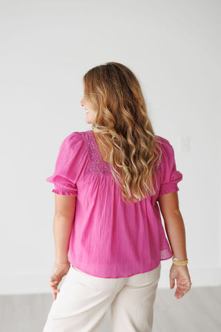 Fuschia Pink Lace Trim Square Neck Puff Sleeve Blouse