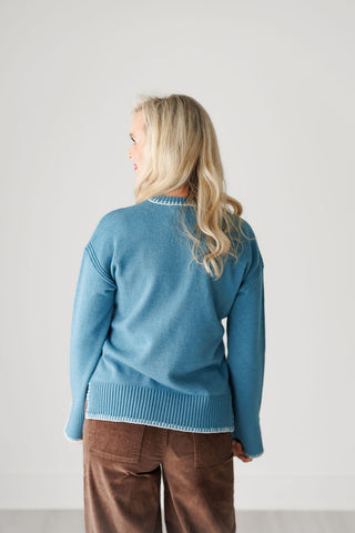 Charlie B Peacock Teal Blue Blanket Stitch Crew Neck Sweater