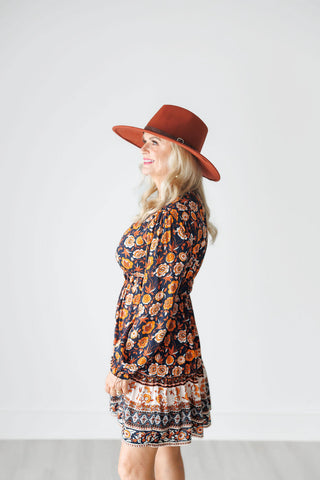 Autumn Fall Colors V-Neck Floral Dress