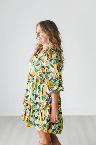 Fall Colors Geometric Print Satin Tiered Dress