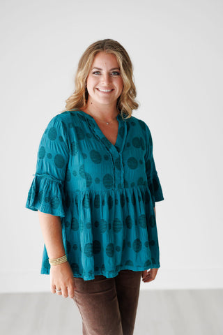 Teal Green Polka Dot Jacquard Baby Doll Top