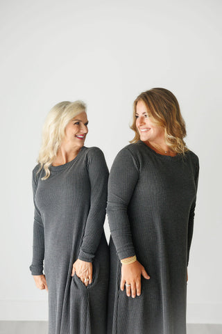 Stretch Ribbed Long Sleeve Comfy Dress with Pockets - Harlynn & Gray