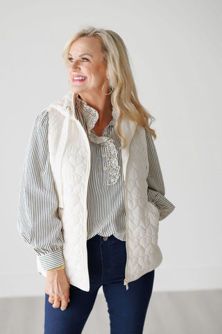 Charlie B Ecru Mini Hearts Quilted Vest with Hoodie