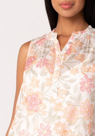 Ivory Peach Sheer Floral Button Front Ruffle Neck Tank Top