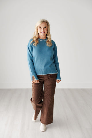 Charlie B Peacock Teal Blue Blanket Stitch Crew Neck Sweater