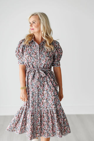 Brown Floral Print Midi Dress