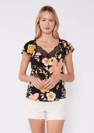 Black Floral Flutter Sleeve Lace Trim V Neck Blouse