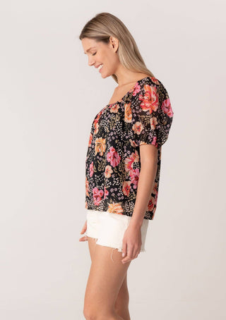 Black Floral Square Neck Puff Sleeve Blouse