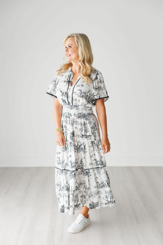 Black and White Toile Tiered Maxi Dress