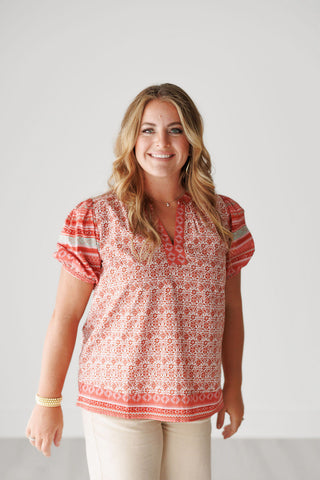 Red Pattern Split Neck Short Sleeve Border Print Top