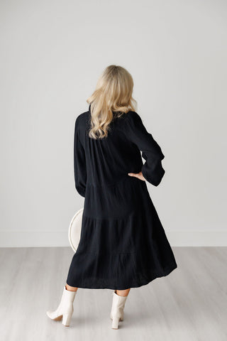 Black Gauze Long Sleeve V-Neck Tiered Maxi Dress - Harlynn & Gray