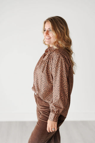 Brown Ditzy Leopard Balloon Sleeve Blouse - Harlynn & Gray