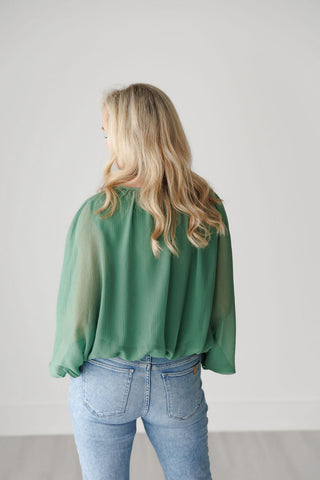 Leaf Green Dolman Sleeve Split Neck Top with Elasticized Hem