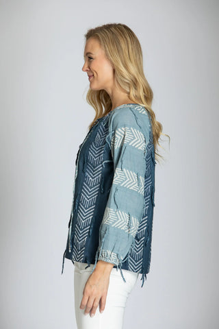 APNY Blue Block Printed Peasant Top with Fringed Detail APNY