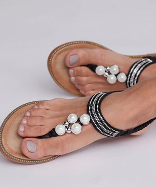 Amira Black Beach Flat Sandal with Jewelry